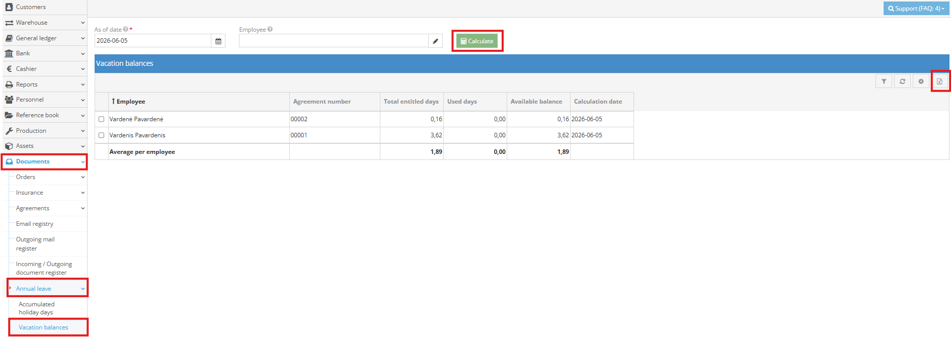 Vacation balances preview window